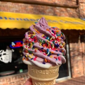 Vanilla ice cream with blackberries topped with sprinkles served in a cone
